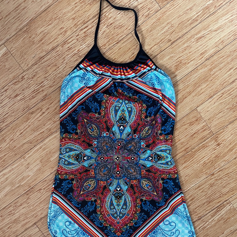 VENUS Navy Halter Maxi Dress with Blue & Red Mandala Print